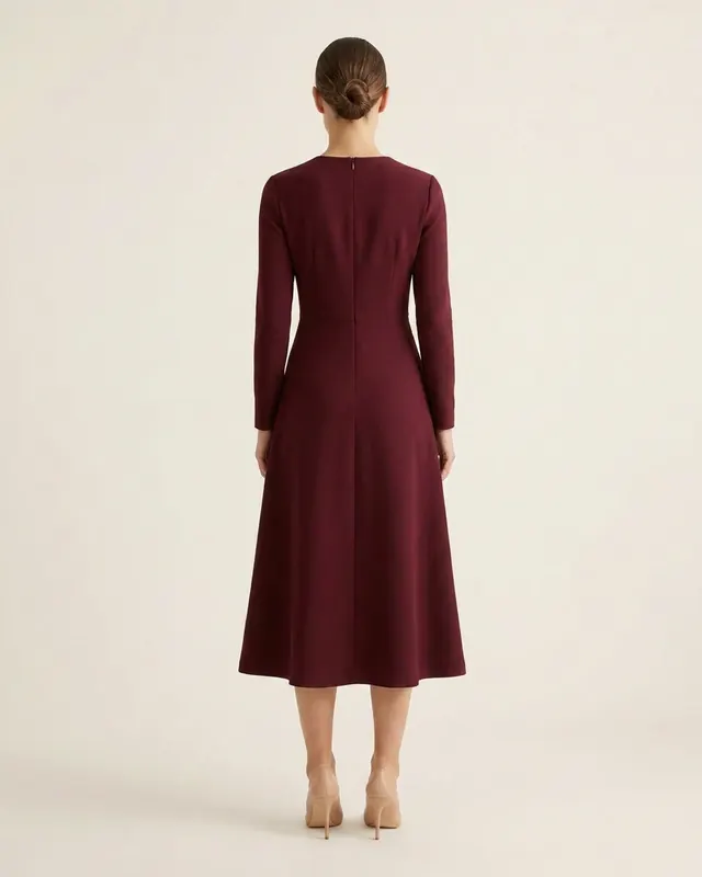 Burgundy Midi Dress worn by a model, full-length back view