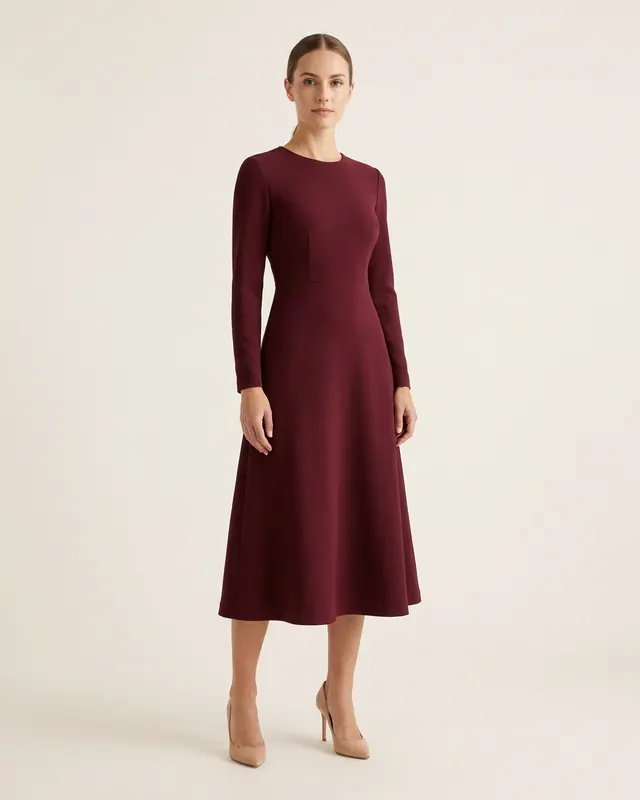 Burgundy Midi Dress in matte crepe worn by a model, full-length front view